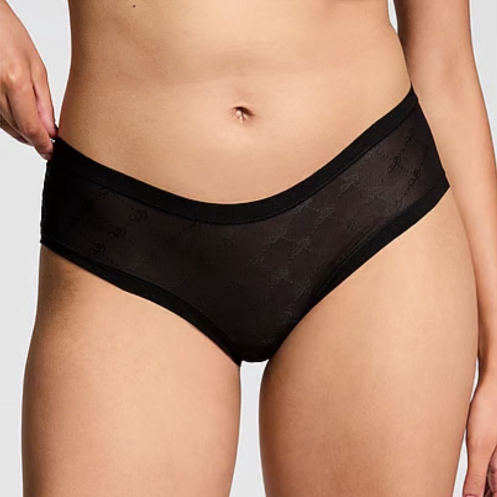 NWT Victoria's Secret PINK Black Logo Mesh No-Show Hiphugger Panty in Small